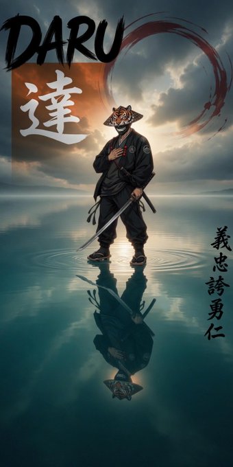 A stylized poster features a tiger-headed samurai with a sword standing on water, with the text 'DARU' and Japanese characters '達' and '義忠誇勇仁'.