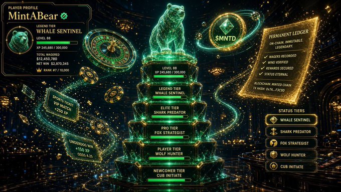 A gaming dashboard for player 'MintABear' showing a 'Whale Sentinel' player profile at level 88 with 245,680/300,000 XP, featuring a tier progression pyramid from 'Cub Initiate' to 'Legend Tier Whale Sentinel' against a dark cosmic background.