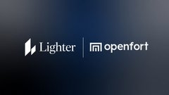 A dark blue gradient background displays the white logos 'Lighter' and 'openfort' side by side.