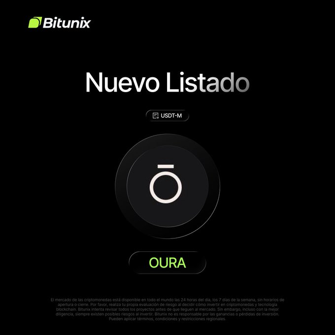 A Bitunix promotional graphic for a new listing of the OURA token on the USDT-M market, featuring disclaimer text at the bottom in Spanish.
