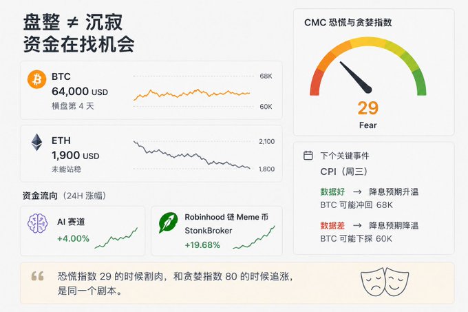 A Chinese crypto market dashboard showing BTC at $64,000 (4 days of consolidation) and ETH at $1,900 (unable to hold), with a CMC Fear & Greed Index of 29 (Fear), highlighting upcoming CPI event and AI sector capital inflows.