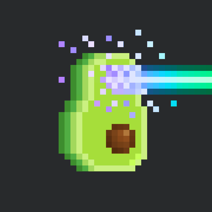 Pixel art illustration of a green avocado being struck by a bright cyan laser beam, causing colorful pixel particles to burst out, set against a dark gray background.