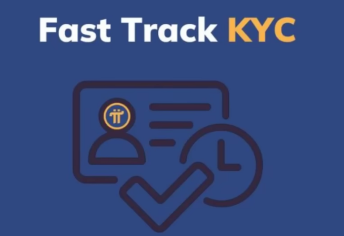 The image features the text "Fast Track KYC" at the top against a dark blue background, accompanied by an icon depicting an ID card with a user profile, a clock, and a checkmark—symbolizing quick and verified identity confirmation. This visual aligns with the post's announcement about updating the Fast Wallet Creation feature on Mainnet, where the Fast Track KYC process now enables Pioneers to complete identity verification directly within the Pi app, replacing the previous Banxa method.