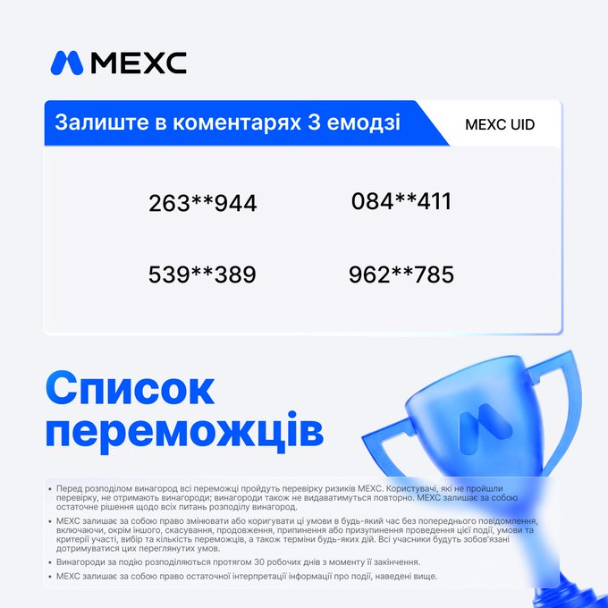 A MEXC exchange promotional graphic in Ukrainian, asking participants to leave 3 emojis in the comments for a chance to win. It displays partial MEXC UIDs (263**944, 084**411, 539**389, 962**785) and lists giveaway rules.