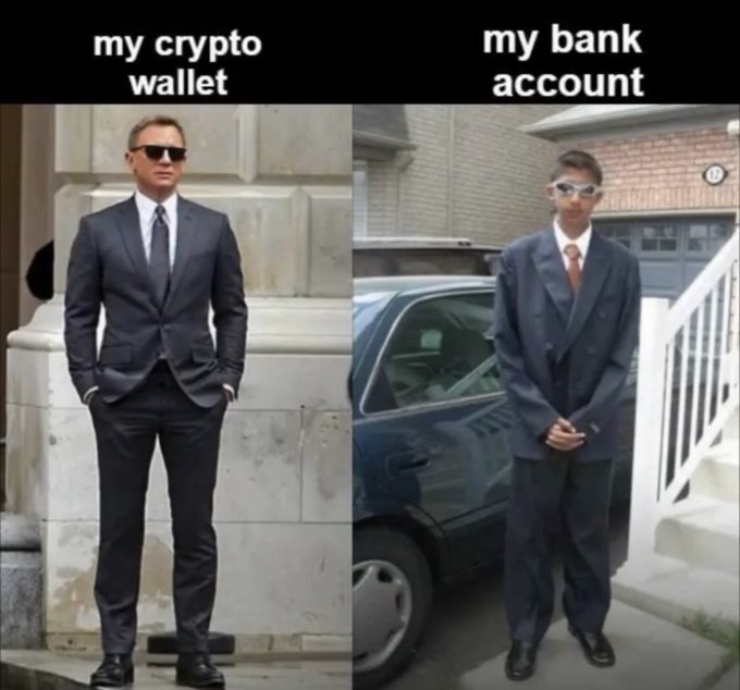 A meme comparing "my crypto wallet" (featuring a stylish Daniel Craig as James Bond) to "my bank account" (showing a young boy in an ill-fitting oversized suit), humorously depicting the disparity between crypto and traditional banking.