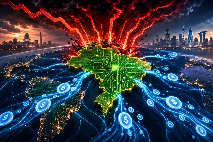 A stylized digital illustration shows a glowing green map at the center surrounded by dollar sign symbols, with city skylines on either side and dramatic red jagged clouds bursting overhead.
