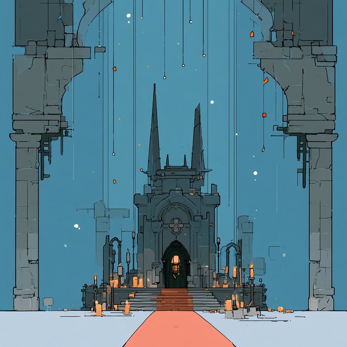 A fantasy illustration of a dark gothic castle or cathedral with tall spires, lit candles lining a staircase, and a red carpet leading to an arched doorway, set against a blue sky with hanging crystal-like elements.