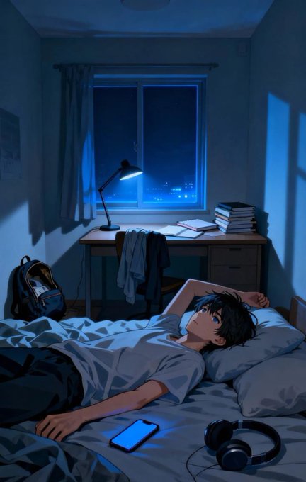 An anime-style illustration of a dark-haired boy lying on a bed in a dimly lit room at night, with a desk lamp, stacked books, a backpack, headphones, and an illuminated smartphone visible around him.
