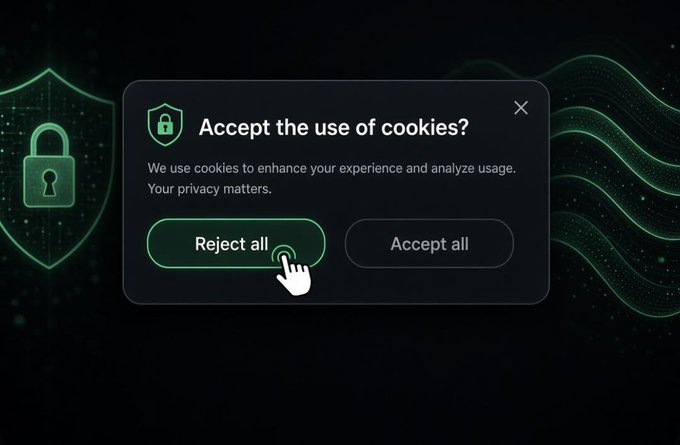 A cookie consent dialog titled 'Accept the use of cookies?' with options to 'Reject all' or 'Accept all', shown on a dark background with green shield and lock icons.