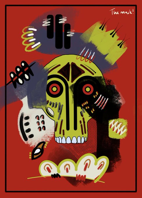 A colorful, abstract illustration of a green skull-like mask surrounded by geometric patterns and textured brushstrokes on a red background, titled 'The mask!' by an artist.