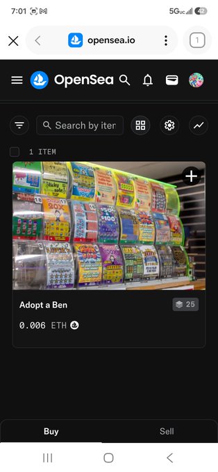 A screenshot of the OpenSea NFT website showing a listing titled 'Adopt a Ben' priced at 0.006 ETH with 25 items, featuring an image of various snack packets and stickers displayed on shelves.
