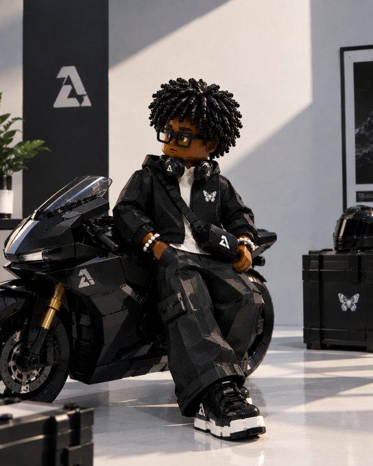 A stylized figurine of a person with dreadlocks and glasses sitting on a black motorcycle, wearing a black jacket with butterfly logos and an 'A' symbol.