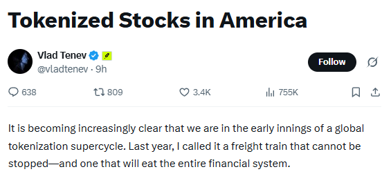 A X (formerly Twitter) post by Vlad Tenev (@vladtenev) titled 'Tokenized Stocks in America' stating that a global tokenization supercycle is beginning.
