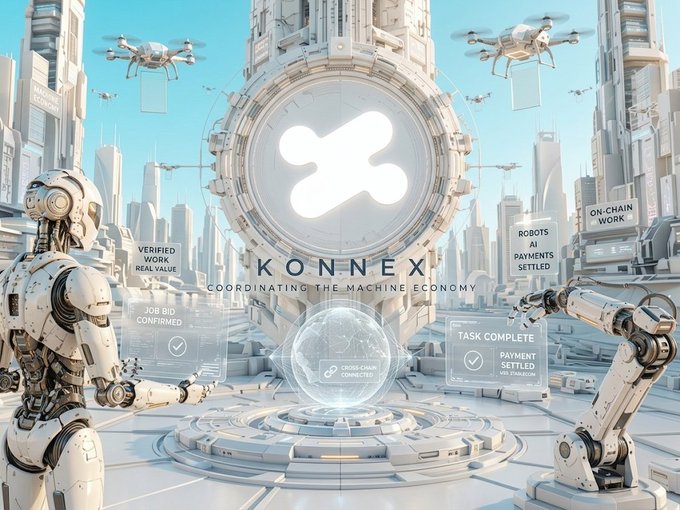 A futuristic 3D rendering promoting 'KONNEX - COORDINATING THE MACHINE ECONOMY,' depicting a sci-fi cityscape with humanoid robots, drones, and floating UI panels showing 'VERIFIED WORK REAL VALUE,' 'JOB BID CONFIRMED,' 'ROBOTS AI PAYMENTS SETTLED,' 'ON-CHAIN WORK,' 'TASK COMPLETE,' and 'PAYMENT SETTLED.'