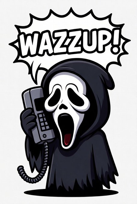 The image features a cartoon character dressed as a ghost with a mask, holding a phone up to their face while making a scared or excited facial expression. The background of the image is white, which contrasts with the black and white color scheme used for the illustration. The caption at the bottom of the image reads "WAZZUP MUTHAFUCKA! Scary Movie", indicating that this is an advertisement for a movie featuring a ghost character.