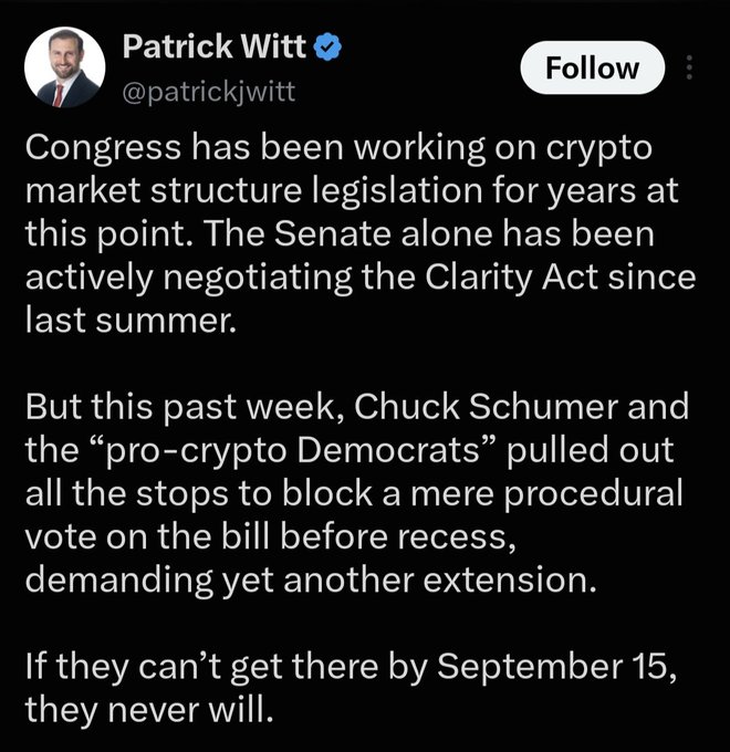 A Twitter/X post by Patrick Witt (@patrickjwitt) discussing crypto market structure legislation, mentioning Chuck Schumer and 'pro-crypto Democrats' blocking a procedural vote on the Clarity Act before September 15.