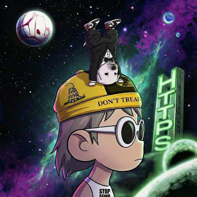 A digital illustration of a character wearing white sunglasses and a yellow "DON'T TREAD" hat with a Gadsden-style snake logo, with a dog in pants standing upside down on the hat, set against a cosmic space background with planets and "HHPPS" neon signage.