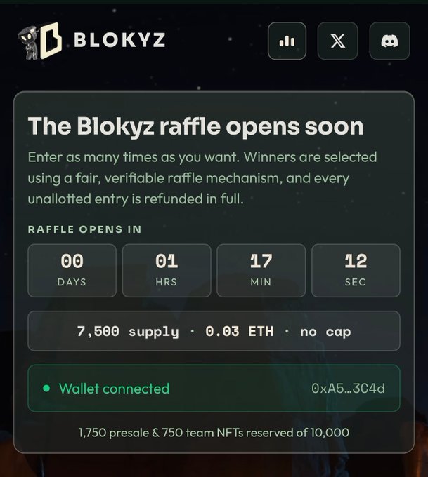 A dark-themed interface for 'BLOKYZ' showing 'The Blokyz raffle opens soon' with a countdown timer and 'Wallet connected' status for address 0xA5...3C4d.