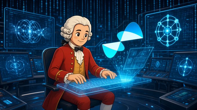 An AI illustration shows a futuristic Mozart-like figure in period clothing operating a glowing quantum-computing console, with the Quip Network logo, node diagrams, and binary data overhead. It visualizes the post’s $QUIP/QFT randomness verification, hybrid-routed job, and “Node logs” workflow.