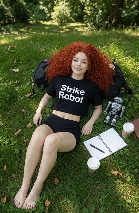 A young woman with vibrant curly red hair relaxes barefoot on a grassy lawn, wearing a black crop top displaying the text "Strike Robot," alongside a small robot figure, a notebook with a pen, and coffee cups—visually reinforcing the post's promotion of the @StrikeRobot_ai robotics token on Base.