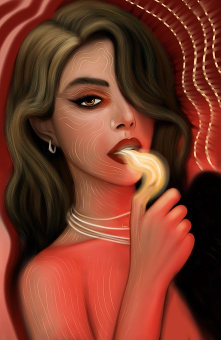 A stylized digital illustration of a woman with brown hair against a red background, featuring white topographic-style contour lines overlaid on her face and body as she exhales a wisp of smoke.