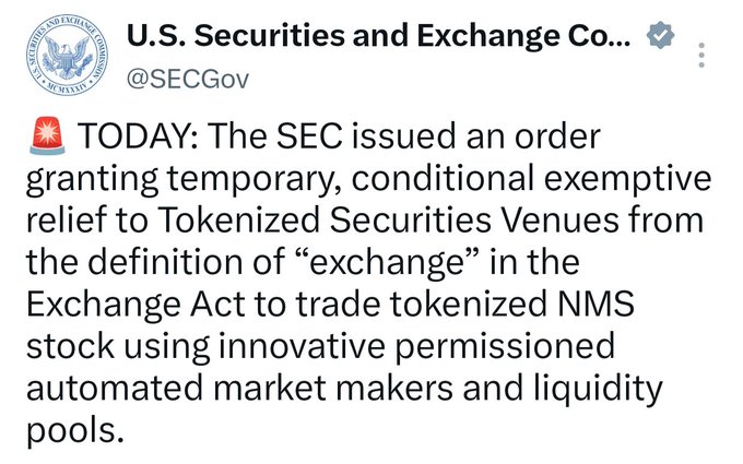The image shows a tweet from the official U.S. Securities and Exchange Commission (@SECGov) announcing that the SEC has issued an order granting temporary, conditional exemptive relief to Tokenized Securities Venues, allowing them to trade tokenized NMS stock using innovative permissioned automated market makers and liquidity pools without falling under the "exchange" definition in the Exchange Act.

This image relates to the accompanying post because Arcus (likely an Arcus token/project) appears to be positioned in the tokenized securities or automated market maker space, so the SEC's new exemptive relief for tokenized securities venues directly benefits or validates such projects, making the "fading" (shorting/betting against) Arcus questionable given this regulatory tailwind.