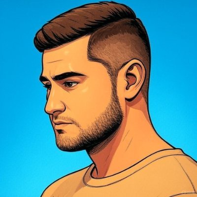 A digital illustration depicts a man in profile with a modern faded haircut, styled eyebrow, and a short beard against a blue background.