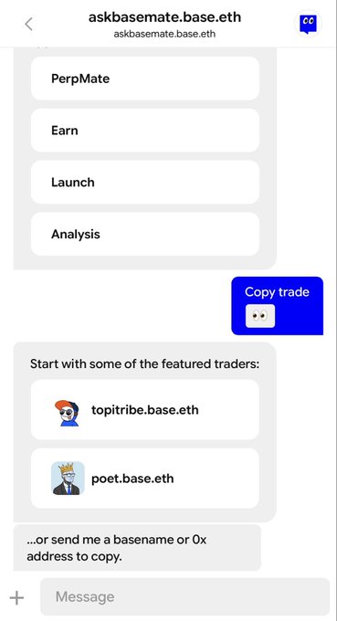 The image shows a screenshot of a cellphone screen displaying an analysis summary page from AskBase. The main content of the display focuses on a user named @basemateagent, who has been selected as their personal fund manager. It provides information about a cryptocurrency trading bot that is helping them manage their investments.