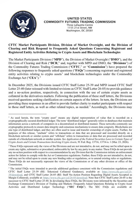 This image shows an official announcement from the U.S. Commodity Futures Trading Commission (CFTC), dated December 2025, in which the Division of Market Participants (MPD), Division of Market Oversight (DMO), and Division of Clearing and Risk (DCR) jointly issued guidance on frequently asked questions regarding registrant activities related to crypto assets and blockchain technologies, referencing CFTC Staff Letters 25-39, 25-40, and 26-05.

The image directly supports the post's message about increased regulatory clarity for tokenization, as the CFTC document explicitly addresses tokenized forms of permissible investments and blockchain-based recordkeeping, reinforcing the post's point that onchain finance continues to advance under clearer regulatory frameworks in the U.S.