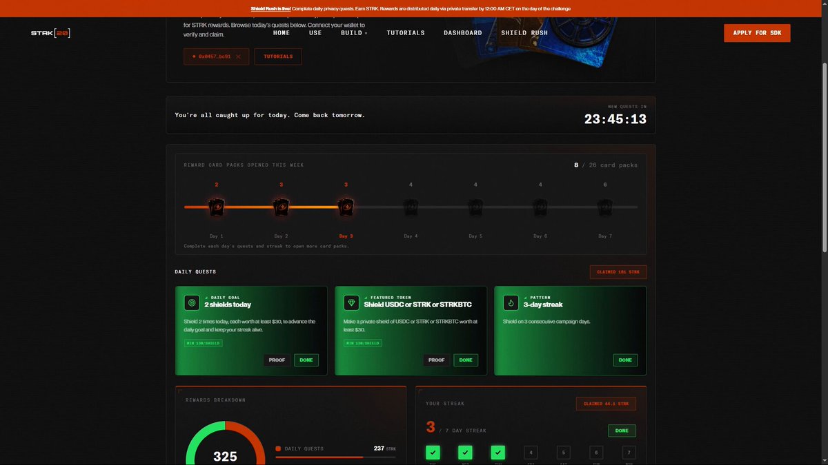 A screenshot of the Shield Rush dashboard by STRK Labs showing Day 3 of a 7-day streak with 325 total $STRK earned, including a "CLAIMED 225.1 STRK" notification and three completed privacy quests (Daily Goal, Featured Token, 3-day streak). The interface displays a reward card pack timeline with 8/26 packs opened this week and a countdown of 23:45:13 until new quests.