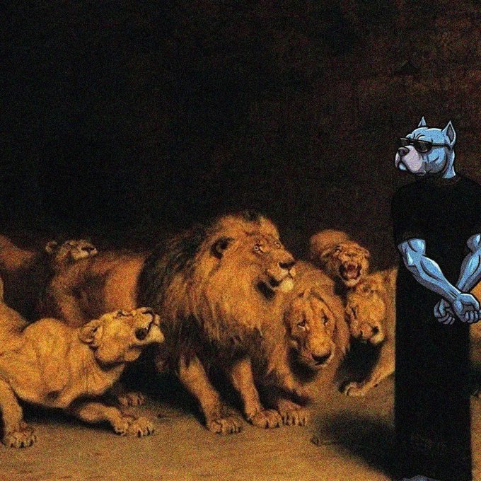 A man in a long black robe stands calmly with arms crossed as multiple snarling lions and lionesses emerge from the darkness around him, all facing outward toward unseen threats—a dramatic classical painting meme illustrating the $DOGINME post's "surrounded. outnumbered. unfazed." sentiment.