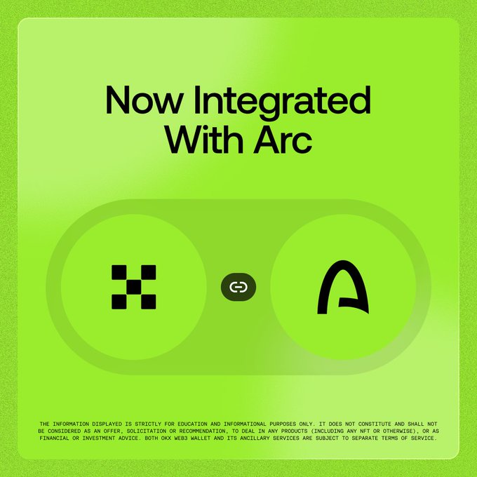 A green promotional graphic announces "Now Integrated With Arc," featuring the OKX logo (a 4-square symbol) connected by a link icon to the Arc "A" logo, illustrating the partnership described in the post about OKX Wallet's day-one support for scanning, tracking, and trading on the Arc ecosystem.