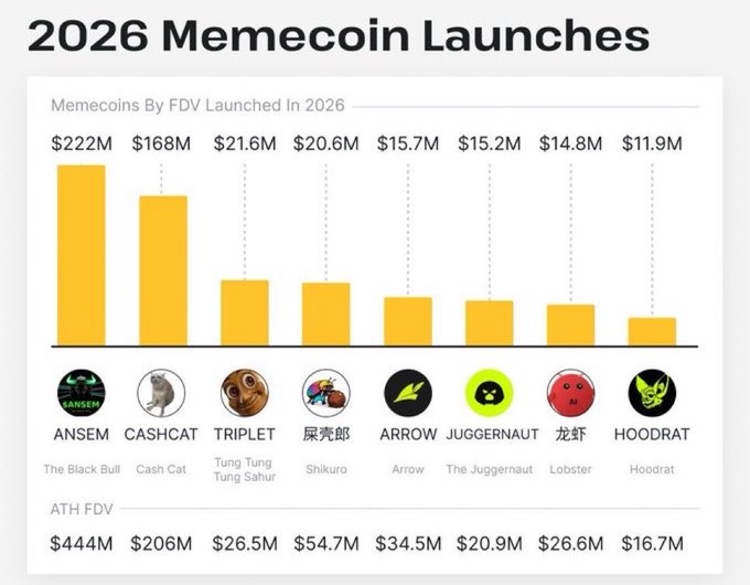 An infographic titled '2026 Memecoin Launches' displaying eight memecoins ranked by FDV at launch, led by ANSEM ($222M) and CASHCAT ($168M), with their all-time high FDVs shown below.