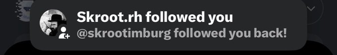 A screenshot of a notification showing “Skroot.rh followed you” and “@skrootimburg followed you back!” It illustrates the post about a new follower after sharing add addresses.