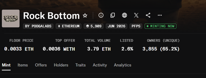 The image shows a webpage with a black background, featuring white text. The primary focus of the image is a screenshot of a Twitter account named "Rock Bottom" that has several followers or users. Additionally, there are other collections listed on this account, including "@freemint!", "@Troll_", and "@npconchain". A post on this account also mentions that they have added some new collections to the shitlist. The image highlights a combination of text and social media elements related to the main Twitter account.