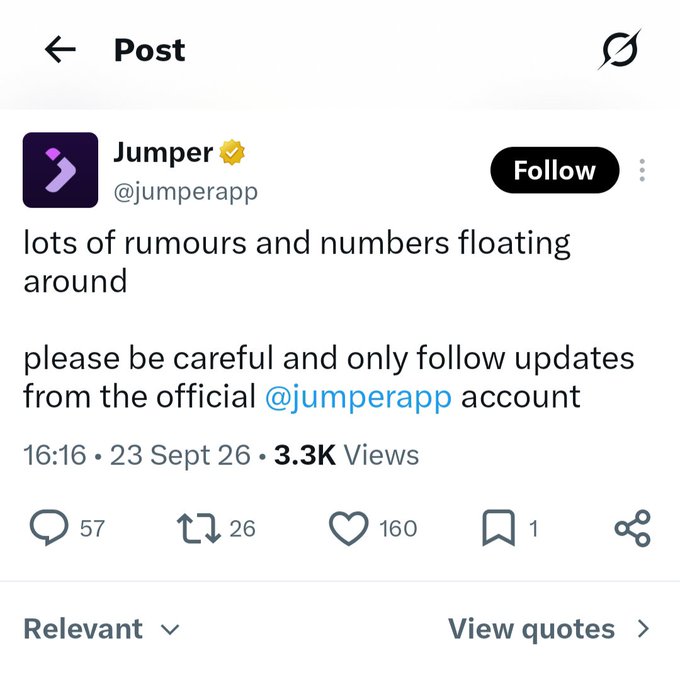 A verified post from Jumper (@jumperapp) warns followers about "lots of rumours and numbers floating around" and urges them to only follow updates from the official @jumperapp account, directly addressing the spread of unconfirmed token sale information mentioned in the accompanying post.