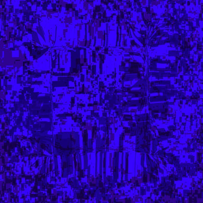 Abstract blue digital glitch artwork featuring pixelated cubes and distorted geometric patterns in various shades of blue.