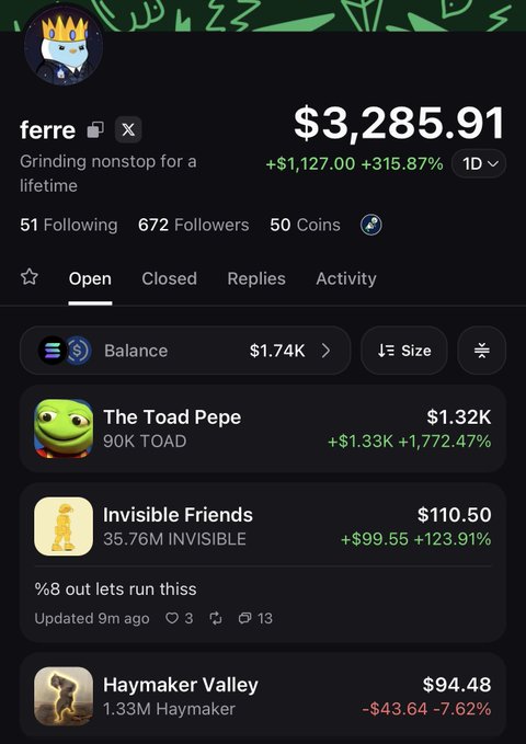 The image shows a trading profile for "ferre" with a portfolio balance of $3,285.91 (+315.87%), highlighting notable holdings including "The Toad Pepe" (TOAD) up 1,772.47% and "Invisible Friends" (INVISIBLE) up 123.91%. The post aligns with the image as it promotes a $TOAD airdrop from @mdudas, with the user showcasing their profitable TOAD position to encourage community participation.
