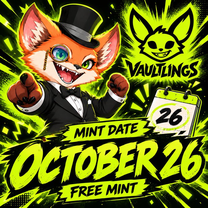 A neon comic-style illustration shows a tuxedo-wearing fox with a magnifying glass beside the “Vaultlings” logo and a calendar marked “26.” Bold text reads “MINT DATE OCTOBER 26” and “FREE MINT,” visually announcing the post’s free hiring launch and mint date for all 2,265 entrants.