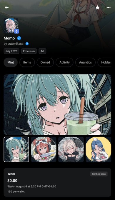 A mobile screenshot of an NFT collection page for 'Momo' by cutemikasa on Ethereum, showing anime-style character artwork with 150 per wallet and minting starting August 4.