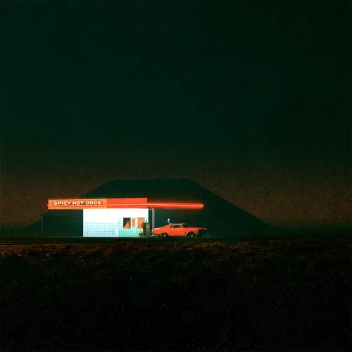 A moody, cinematic illustration of a late-night roadside stand illuminated by an orange neon sign reading "SPICY HOT DOGS," with a lone classic muscle car parked outside against a dark hill.