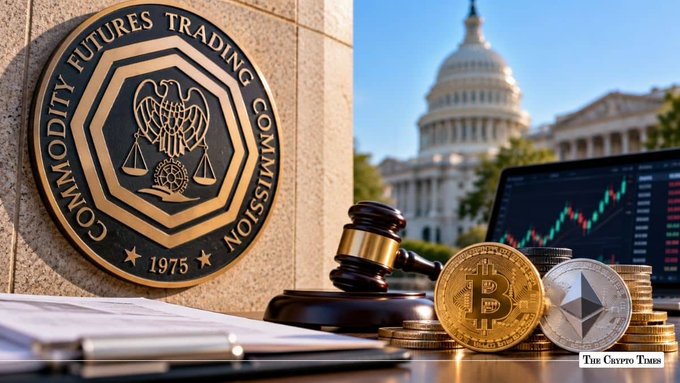 A composite image showing the seal of the Commodity Futures Trading Commission (CFTC, est. 1975) on the left, and on the right, a gavel, gold and silver cryptocurrency coins (Bitcoin and Ethereum), and a trading chart with the U.S. Capitol building in the background, watermarked "The Crypto Times."
