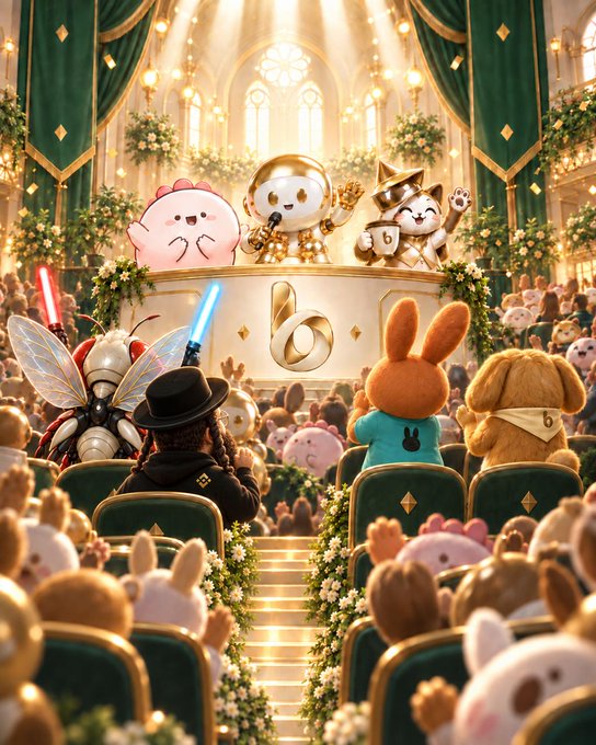 An illustrated scene of various cartoon characters, including a bee, cat, and rabbits, seated in an ornate green and gold hall for a ceremony or gathering.