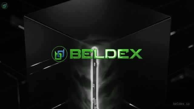 The image features a dark, futuristic graphic with a glowing vertical light beam inside a transparent cube, displaying the "BELDEX" logo and name in green, along with the "beldex.io" URL in the corner. It visually reinforces the post's message about Beldex as a privacy blockchain, using its sleek branding to highlight the importance of its developer SDKs as foundational infrastructure.