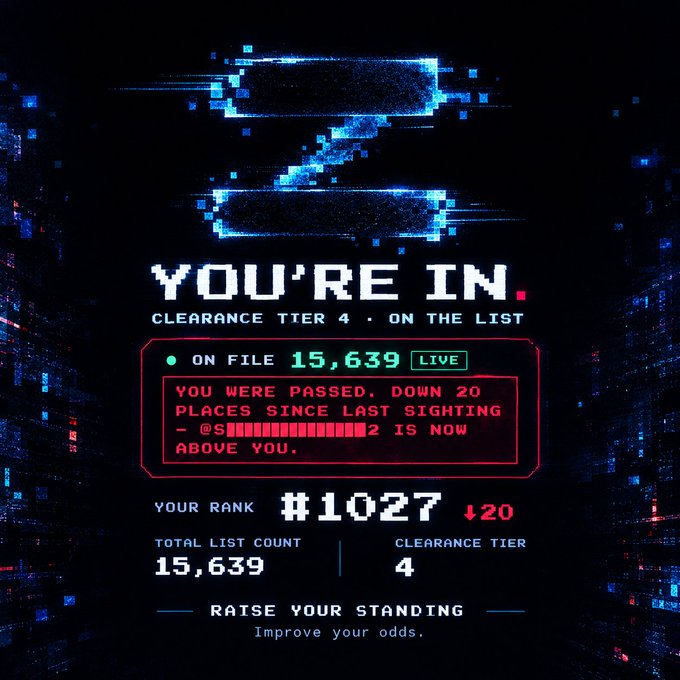 A digital gaming/clearance screen with a glitchy 'Z' logo reading 'YOU'RE IN. CLEARANCE TIER 4 - ON THE LIST', showing rank #1027 with a total list count of 15,639.