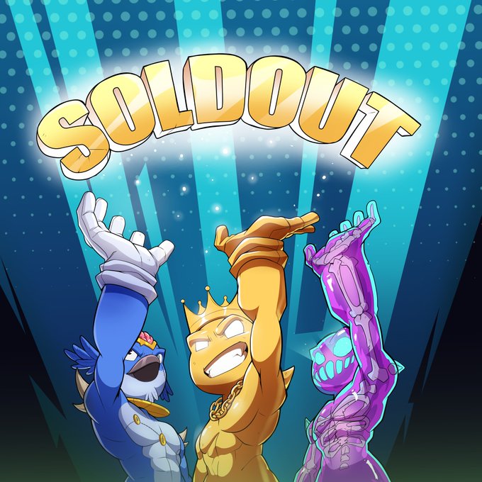 A colorful 'SOLDOUT' graphic featuring three cartoon characters with their arms raised against a blue starry background.