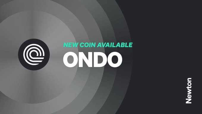 A dark promotional graphic announcing a new cryptocurrency, featuring a circular logo and the text 'NEW COIN AVAILABLE ONDO' with 'Newton' branding on the right side.