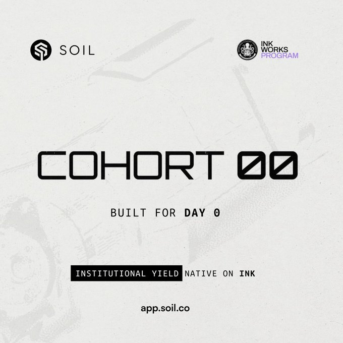 Promotional graphic featuring the SOIL logo and "Ink Works Program" branding, with bold text reading "COHORT 00 — BUILT FOR DAY 0" and the tagline "INSTITUTIONAL YIELD NATIVE ON INK" at app.soil.co, announcing SOIL's participation in InkWorks' inaugural accelerator cohort.