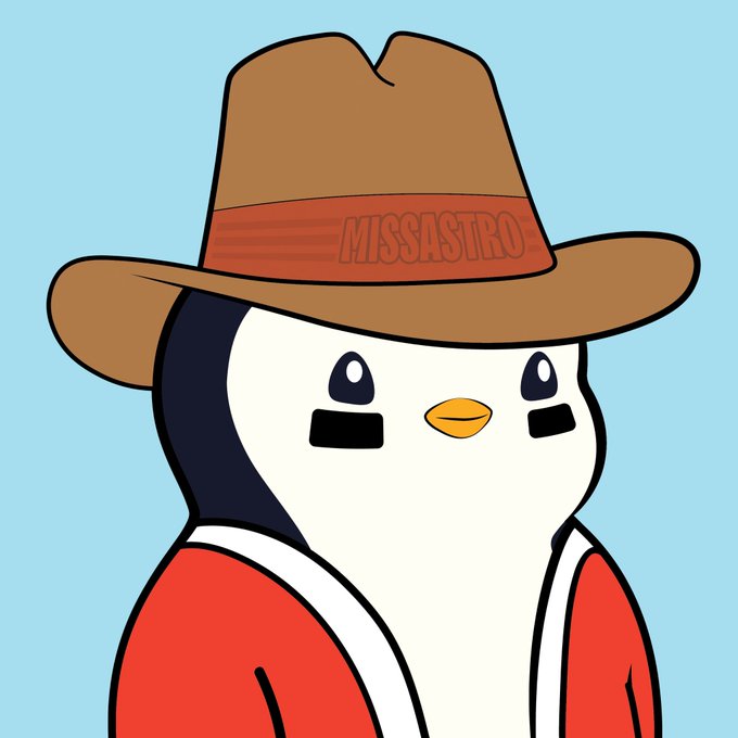An illustration of a penguin wearing a brown fedora with a red band that reads 'MISSASTRO' and a red jacket.