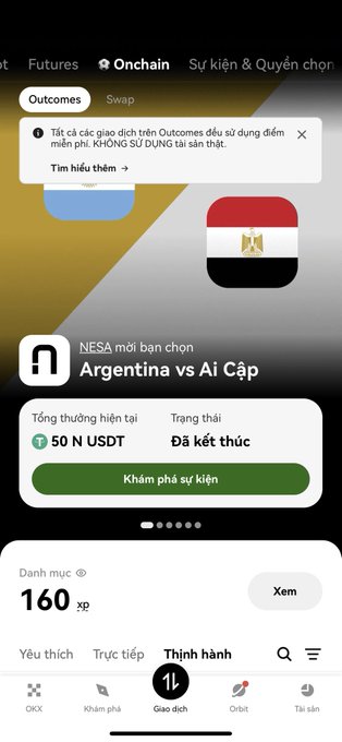 A Vietnamese-language mobile app screen showing an NBA prediction market for Argentina vs Egypt with 50 N USDT total pool, already ended, with 'Khám phá sự kiện' button and 'Onchain' tab visible.